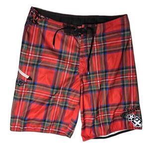 Vintage Quiksilver Tartan Red Retro Y2K Boardshorts - Size 34 - Surf Swim